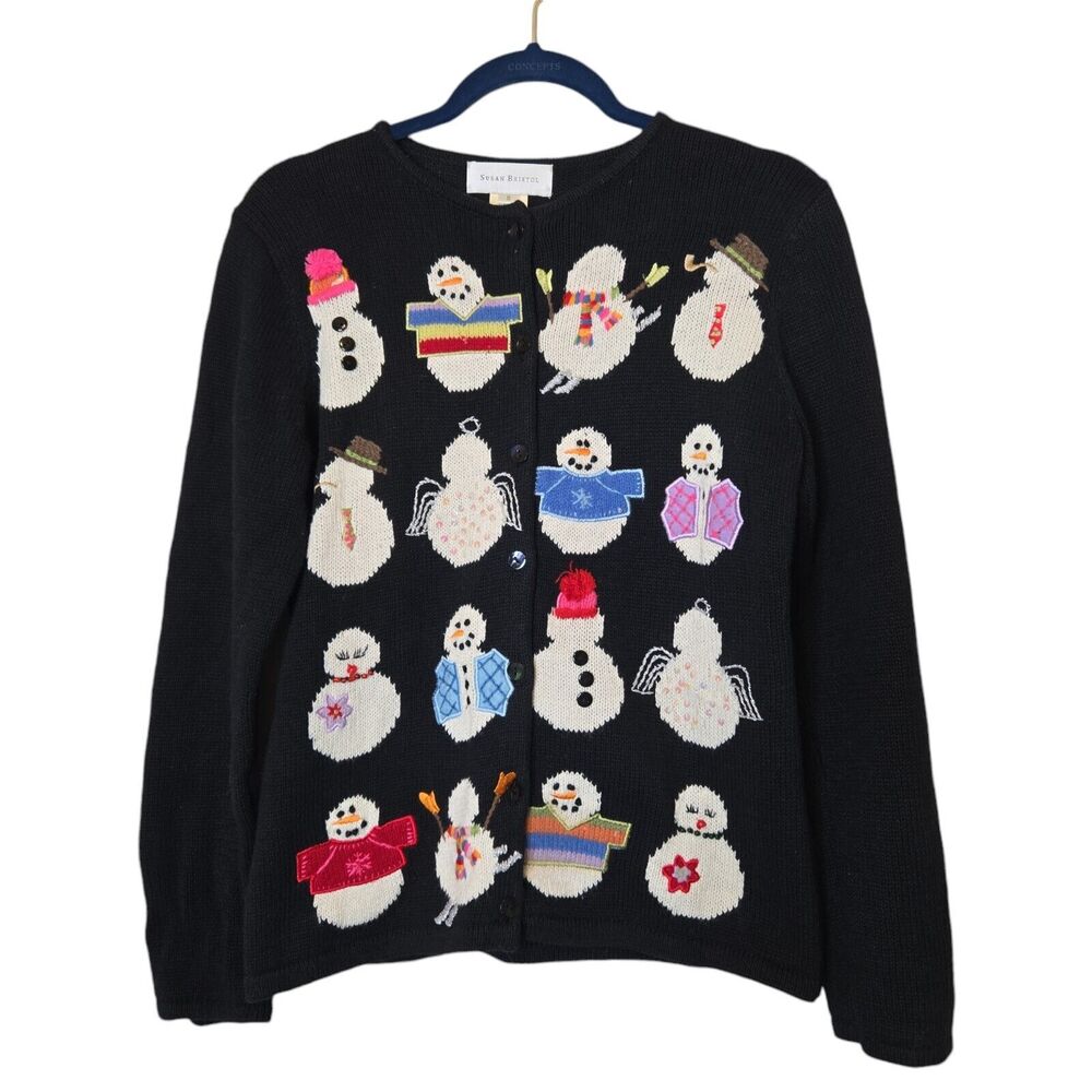 Susan Bristol Womens Cardigan Size Small Vintage Hand Embroidered Winter Snowman